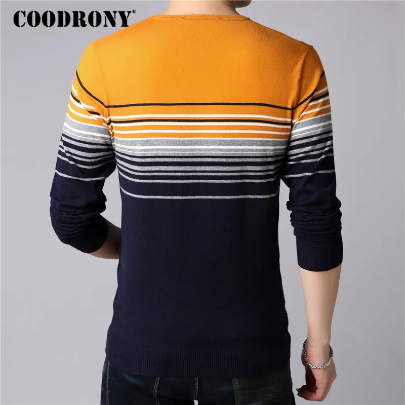 COODRONY свитер для мужчин Уличная мода полосатый v-образный вырез трикотаж Pull Homme Осень Зима хлопок шерсть пуловеры мужские свитера 91025