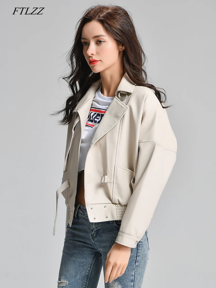 

FTLZZ Faux Leather Jacket Women Harajuku Coats Motorcycle Biker Jackets Boy Friend Bat Sleeve PU Black Short Leather Jacket