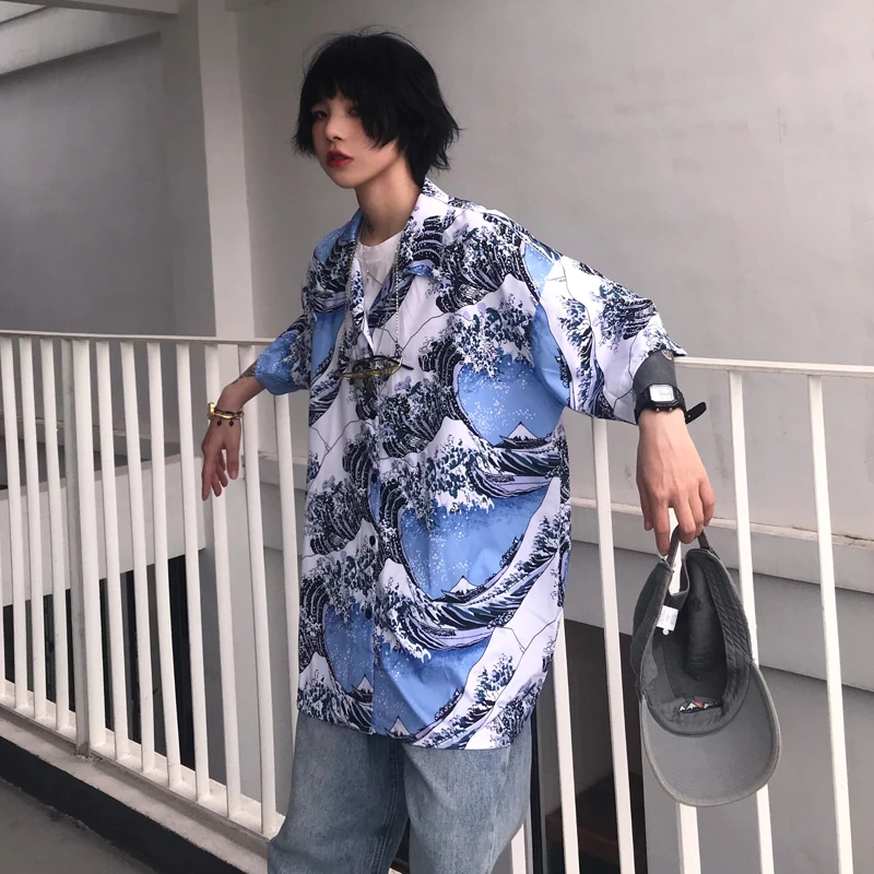 Женская Свободная блузка Harajuku с короткими рукавами и волнистым принтом летняя