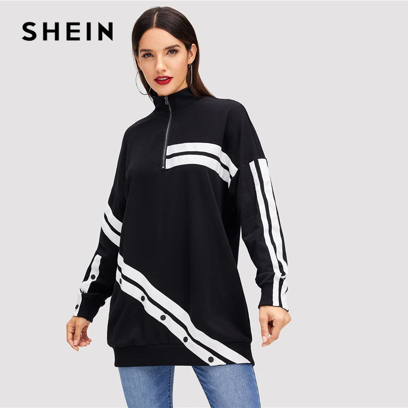 SHEIN Стильный Свитшот С Длинными Рукавами, Длинный Свитшот На Молнии С Пуговицами