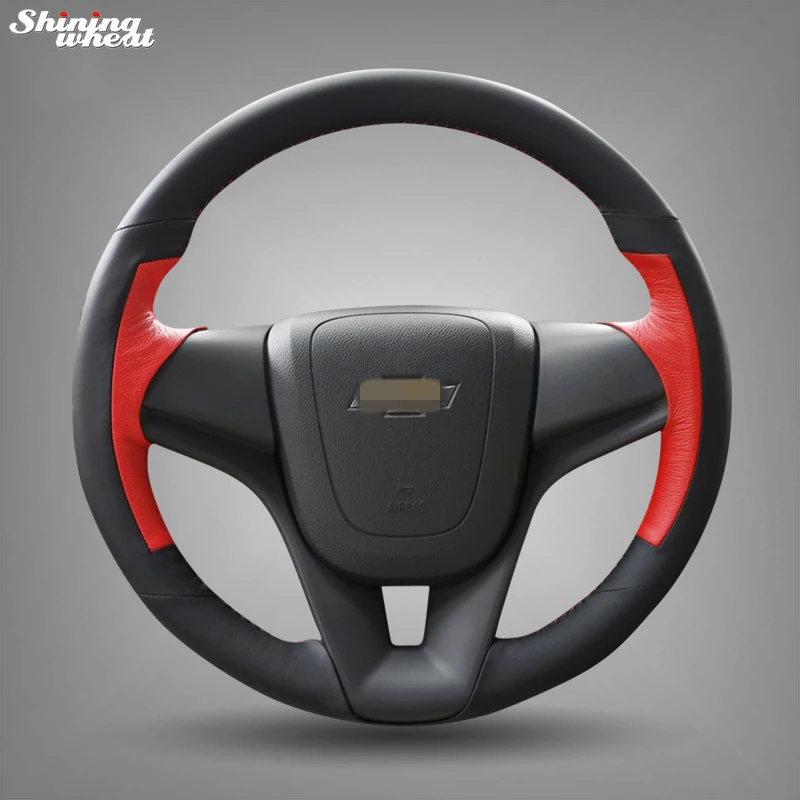 

BANNIS Hand-stitched Black Red Leather Car Steering Wheel Cover for Chevrolet Cruze Aveo