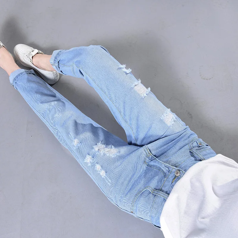 Джинсы женские большого размера с потертостями тонкие свободные прямые штаны в