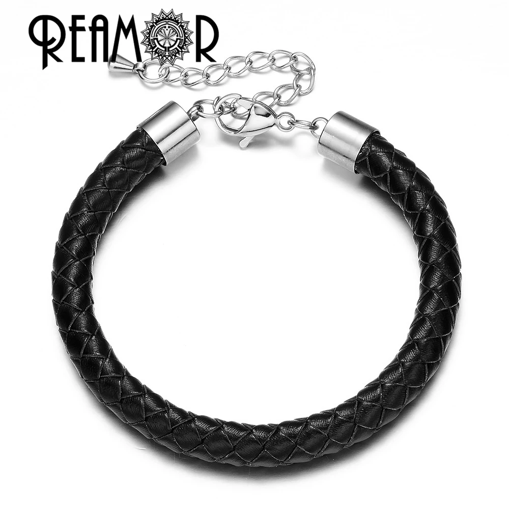 REAMOR 5pcs 7 Styles 8mm Simple Genuine Leather Men Bracelets & Bangles With Lobster Clasp Adjustable Extender Chain Jewelry