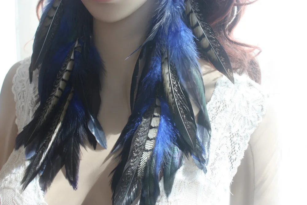 43b-7 Natural Navy blue Feather Earrings Jewelry 1 pair length 28-31cm | Украшения и аксессуары