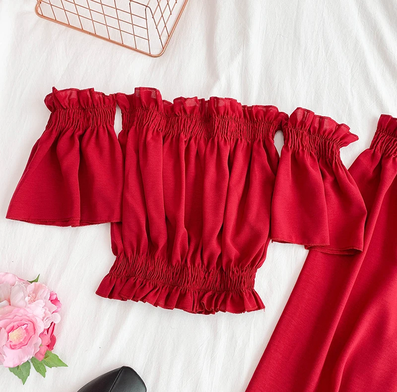 

Sexy Two Piece Set Women Chiffon Short Top And Long Pants Elegant Off Shoulder Casual Festival Summer Party Matching Outfits