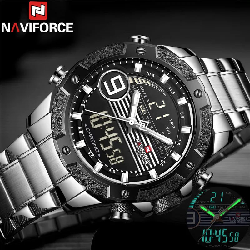 Часы наручные NAVIFORCE Мужские Цифровые брендовые Роскошные Аналоговые спортивные