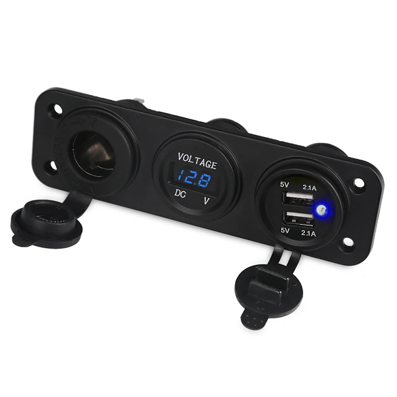 Синий 12 V/24 V автомобиль Зарядное устройство мотоцикл Plug Dual USB адаптер-Разветвитель Прикуривателя Цифровой вольтметр 3 отверстия Панель Мощность гнездо 4.2A - Название цвета: Синий