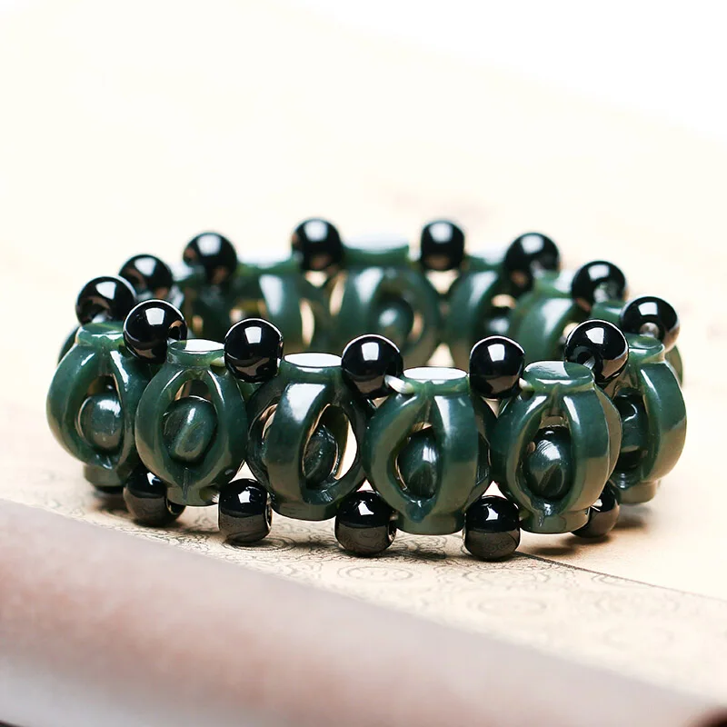 

DropShipping XinJiang HeTian Qing Jade Bracelets Lucky Amulet Hollow Carving Holy Device Bracelet & bangles For Women Men