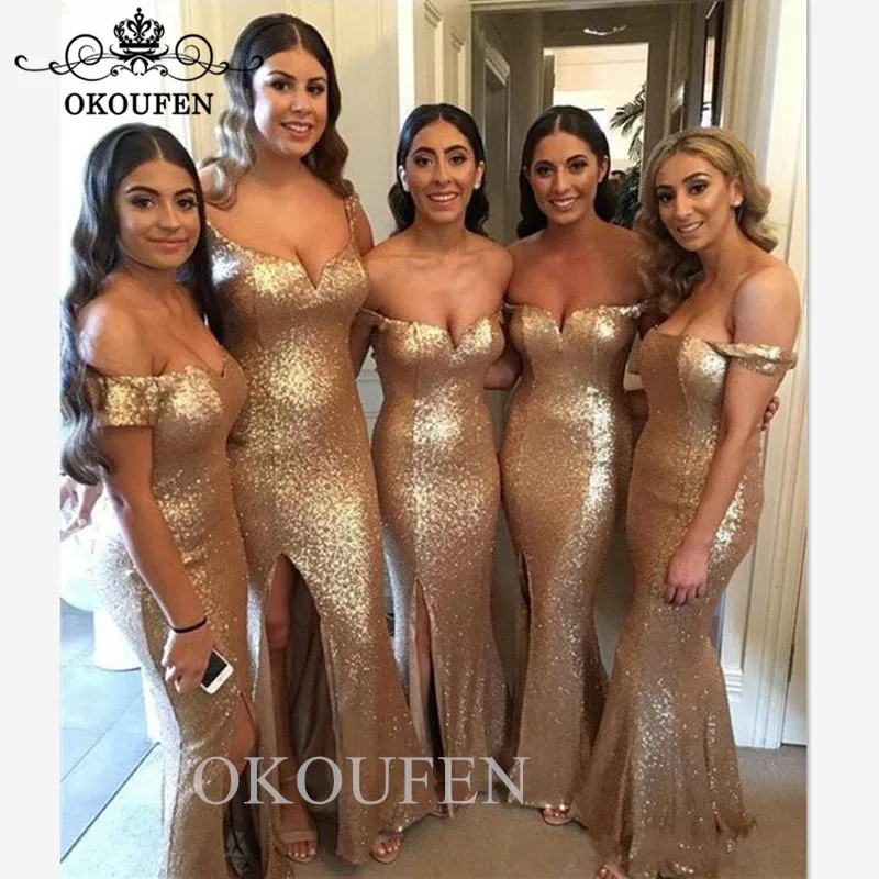 Шикарные расшитые блестками с открытыми плечами платья подружки невесты для