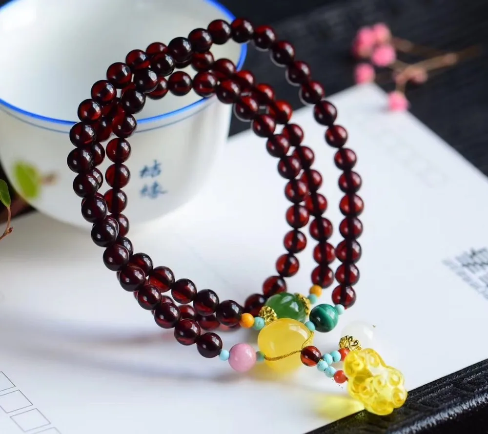 5.5mm Natural Blood Amber 3 Laps Bracelet Lotus Pendant Women Gift Stretch Crystal Fitness Bead Fashion Jewelry | Украшения и