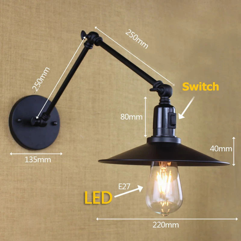 Антикварная черная Ретро промышленная Мини Регулируемая настенная лампа с