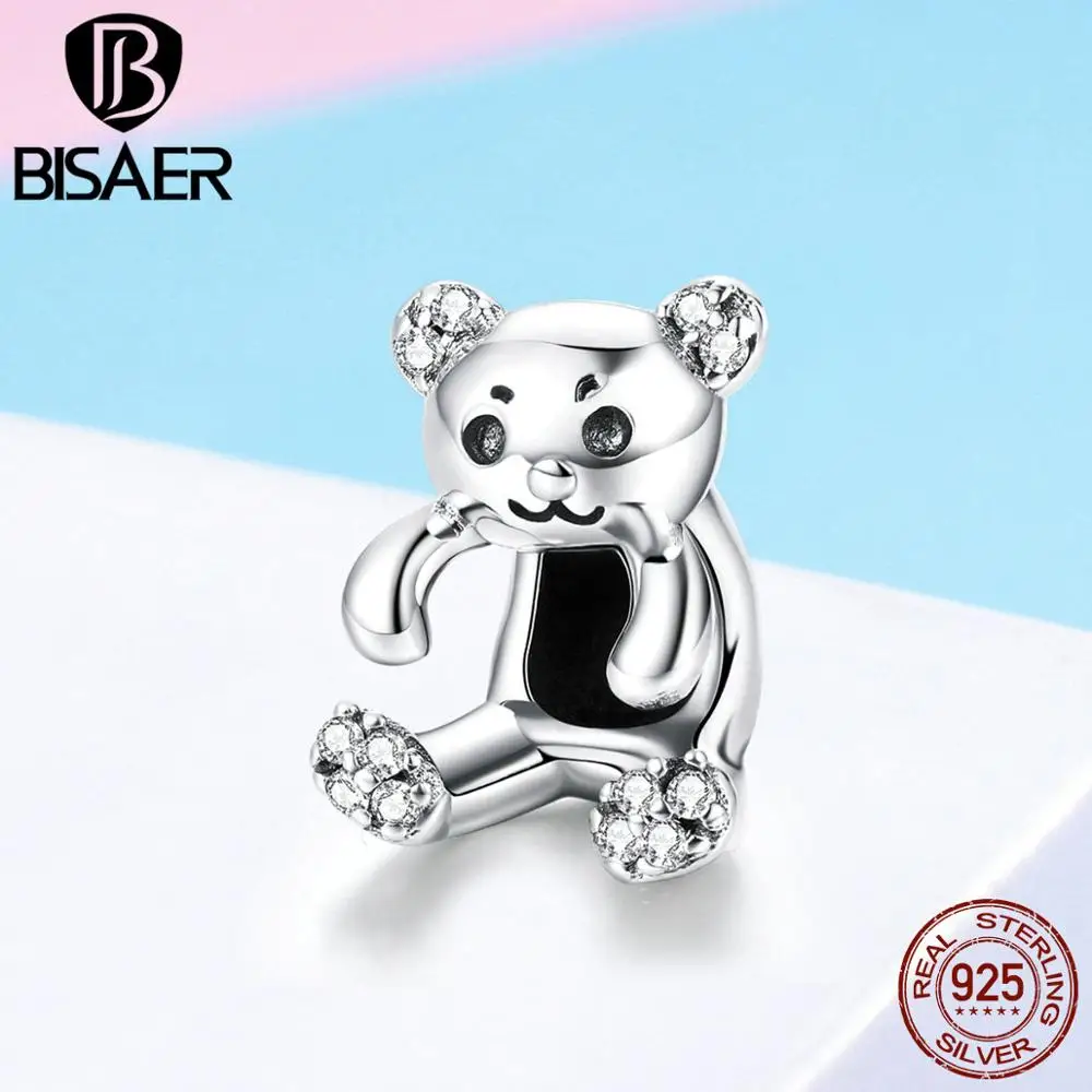 BISAER, Настоящее серебро 925 пробы, 3D, яркий медведь, животное, амулеты, подходит для 3 мм, браслет, роскошный бренд, Женские Ювелирные изделия GXC1042