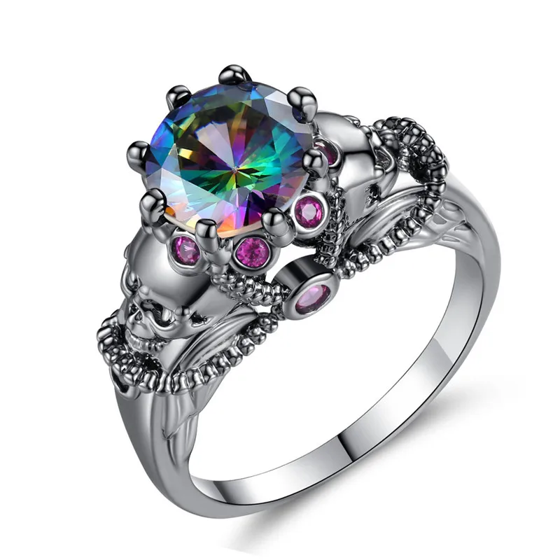 Multicolor ROMAD кольцо с черепом для женщин, модное ювелирное изделие, Черный Кристал для свадьбы, помолвки, кольца на палец, Панк радужные стразы, кольцо R4 - Цвет основного камня: Multicolor