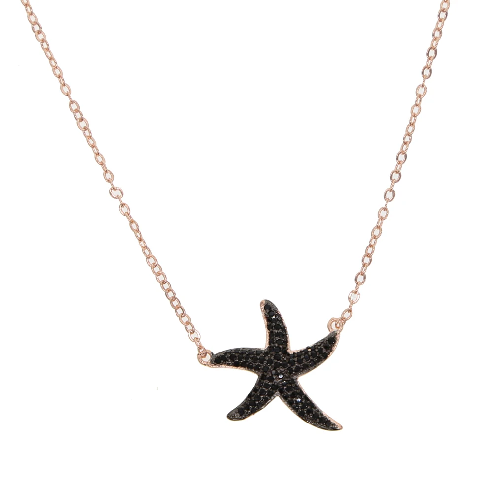 

2018 summer beach sea star necklace rose gold color paved black CZ cubic zirconia fashion wholesale chain collar jewelry
