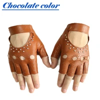 half finger leather gloves female ssheepskin short fashion hollow rivet style thin outdoor sports car driving locomotive riding