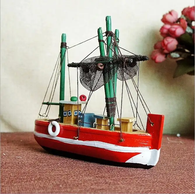 New Model Wooden Fishing Boat Model Office Decorations Wood Craft Fishing Net Sailing Model Sailboat Ship Model 15* 5* 12.5cm