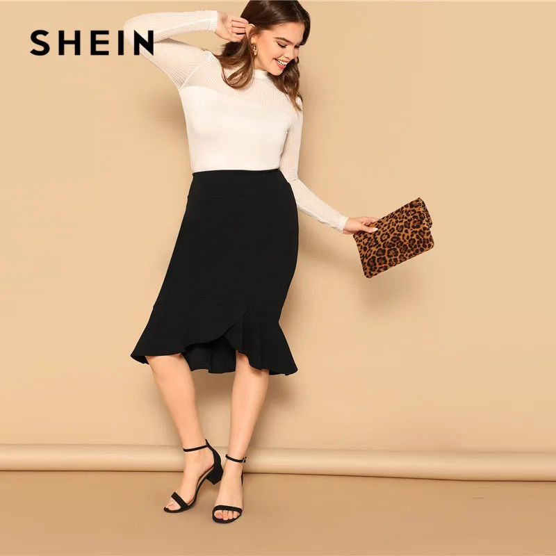 SHEIN размера плюс Асимметричная гофрированная черная облегающая Офисная Женская юбка элегантная однотонная до колен Повседневная юбка-карандаш для выходных