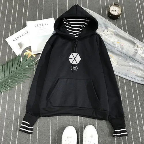 Kpop exo harajuku полосатый воротник свободные поддельные два плюс бархат пуловер с капюшоном женский корейский студенческий k-pop exo осень зима - Цвет: 5