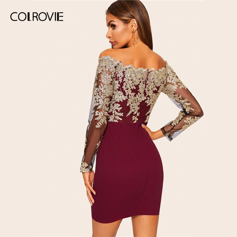 COLROVIE Бургундия с открытыми плечами кружева вышитые гребешок Bodycon Элегантный мини платье женское с длинным рукавом платья для вечеринок
