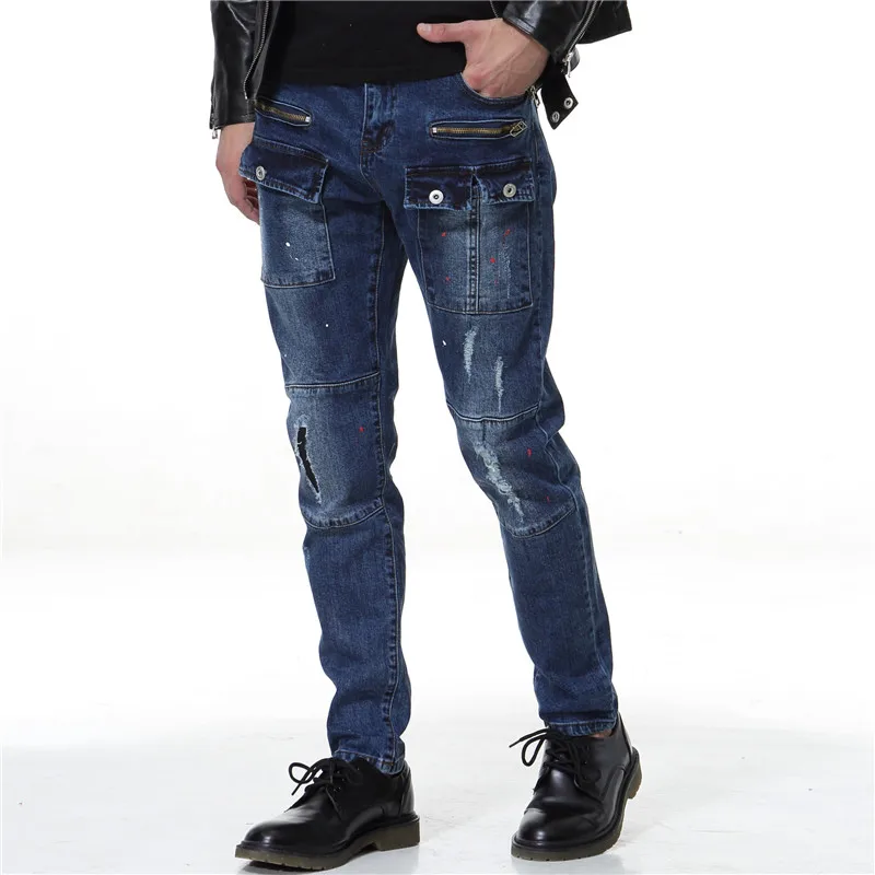 

Nice New Autumn Mens Cotton Wild Hole Jeans Pants Fashion Men Cotton Multi-pocket Straight Type Jeans Trousers