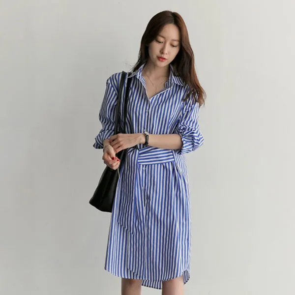 2018 Южная Корея шик на каждый день с полосой поясе платье футболка H001|shirt shirt|korea