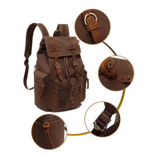 AUGUR Винтажный Унисекс кожаный холщовый рюкзак сумка студенческий пакет