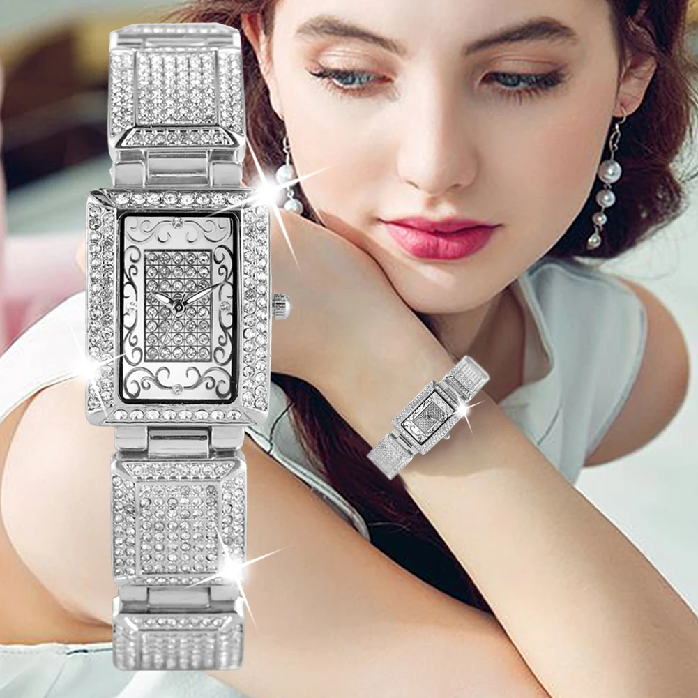 

Attractive Diamond-encrusted Quartz Watch For Women Practical Luminescent Function Watches Unique Square Dial Steel Bangle Clock