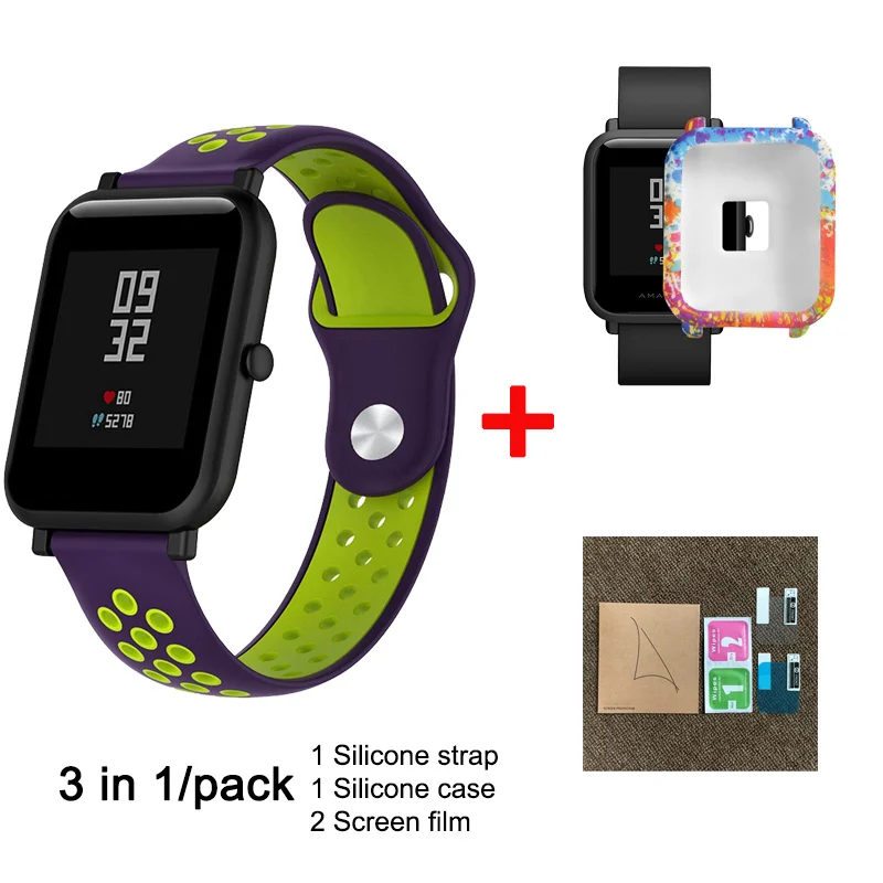 3 в 1 для Xiaomi Huami Amazfit Bip Молодежные умные часы, аксессуары для Xiaomi Amazfit, ремешок для часов, силиконовый чехол, защитная пленка