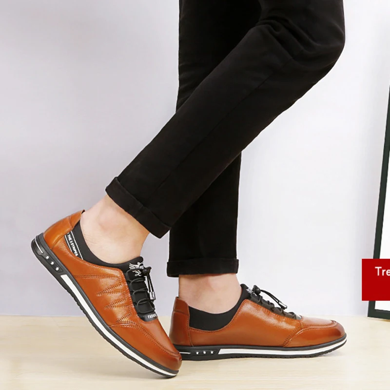Sneakers men lace-up comfortable genuine leather shoes flat with outdoor walking footwears casual | Обувь