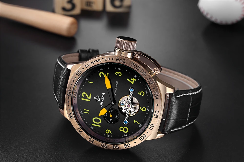Механические Мужские часы ORKINA Skeleton Tourbillon, автоматические, классические, розовое золото, кожа, механические наручные часы, Reloj Hombre