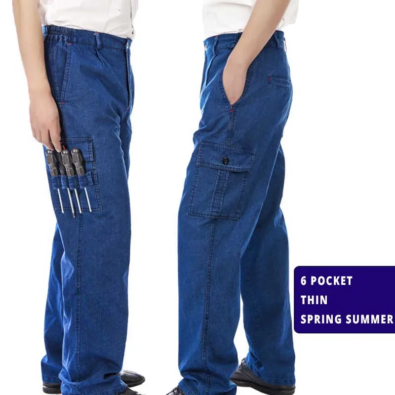 6 pocket thin Fashion Plus Size Loose Baggy Jeans Work Pants Men Casual Hip Hop Jeans Cotton Trousers with Big Pocket Man Clothes - Цвет: 6 pocket thin