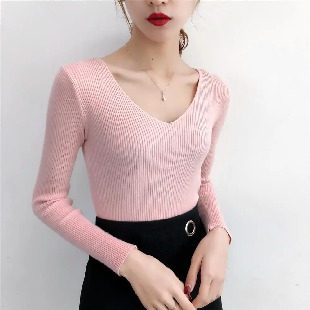 2019 Autumn Women's Knitting Pullovers Sweater V-neck Long Sleeve Slim Tight Solid Korean Casual Fashion Elegant Tops T97411D | Женская