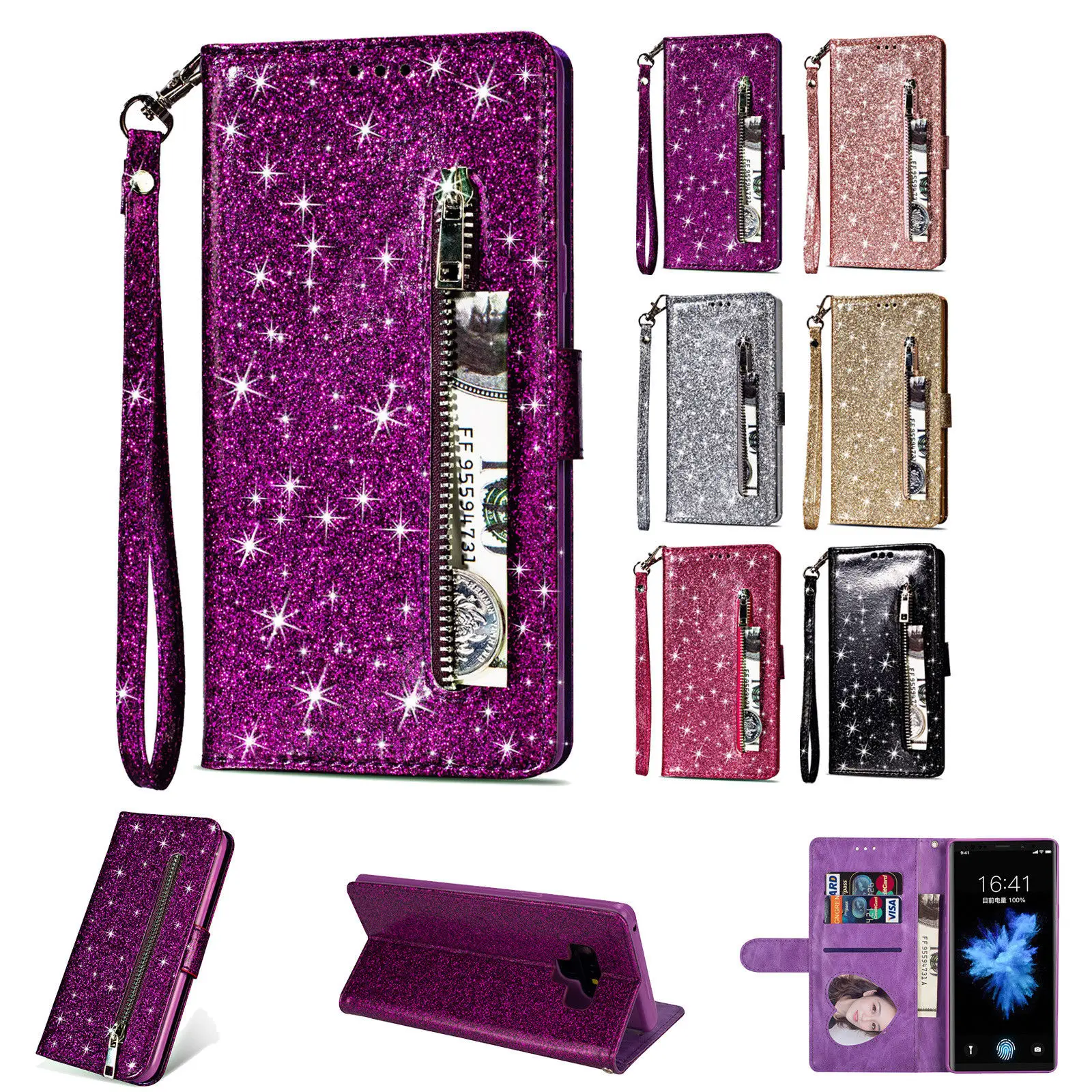 Bling чехол S10E для samsung Galaxy J4 J6 A6 плюс J330 J5 Pro J730 A5 A7 A6 плюс кожаный чехол-книжка бумажник с застежкой-молнией крышка