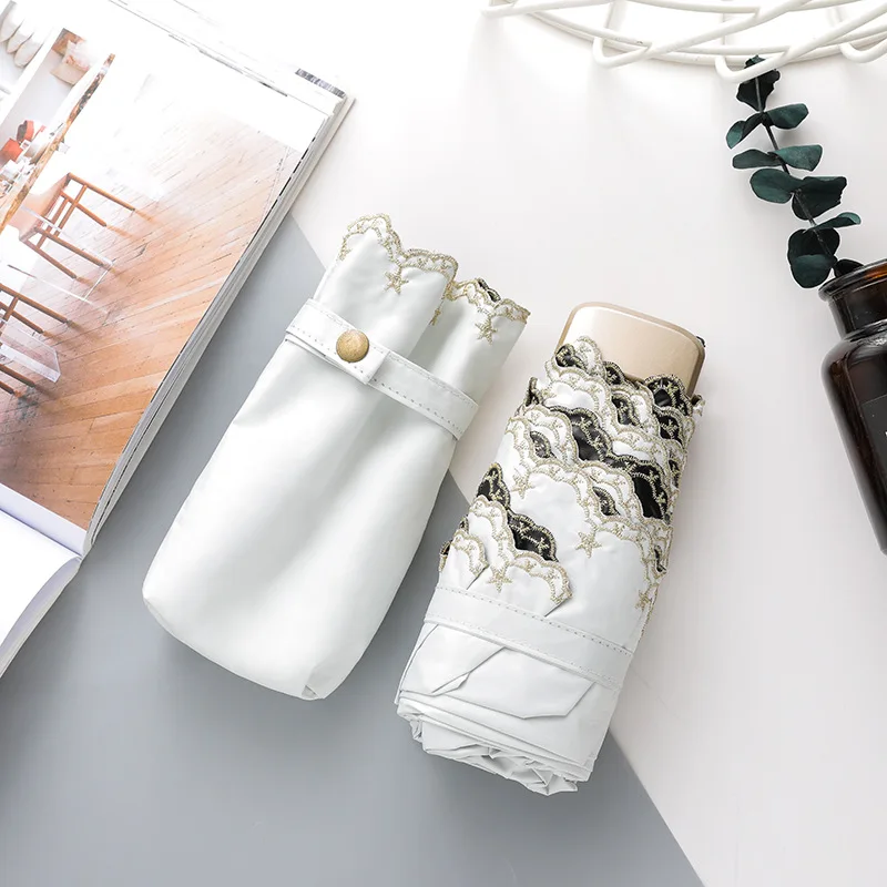 White Only Jime Mini Folding Umbrella Embroidery Five Folding Black Coating Umbrella High Quality Women Lace Umbrellas Rain Gear - Цвет: White