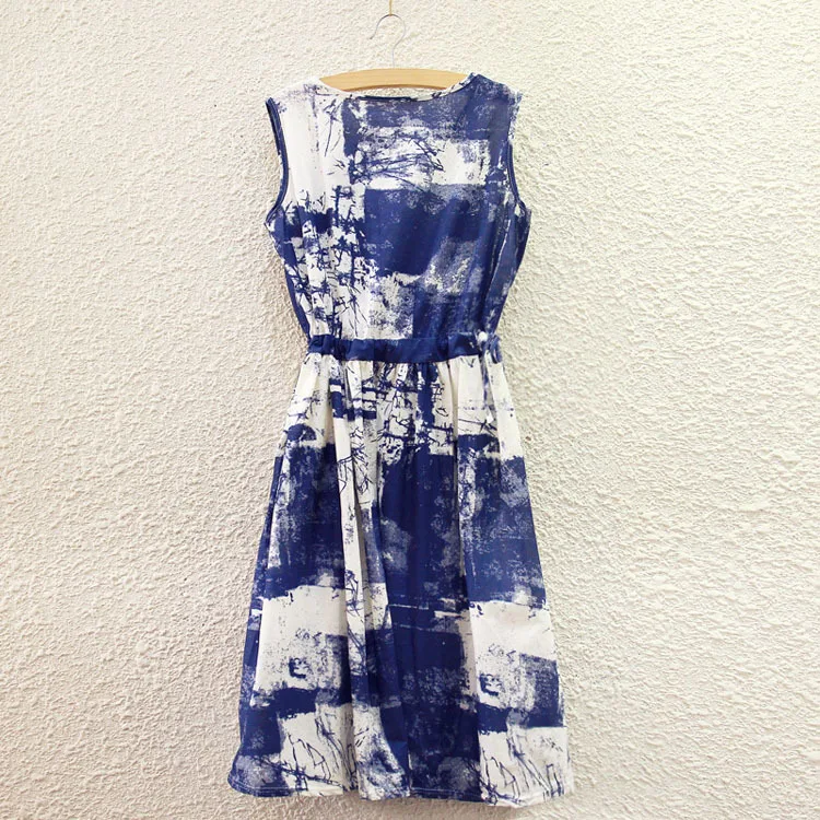 Women Vintage Dress New Design Summer Sleeveless Round Neck Cotton And Linen Print High Quality Vestidos Womens Slim De Festa | Женская