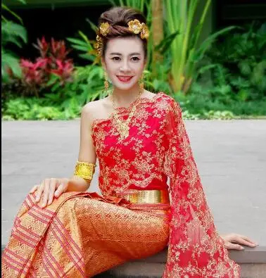 Thais Laos Вьетнамский Народный танцевальный костюм дай красный шарф на одно плечо