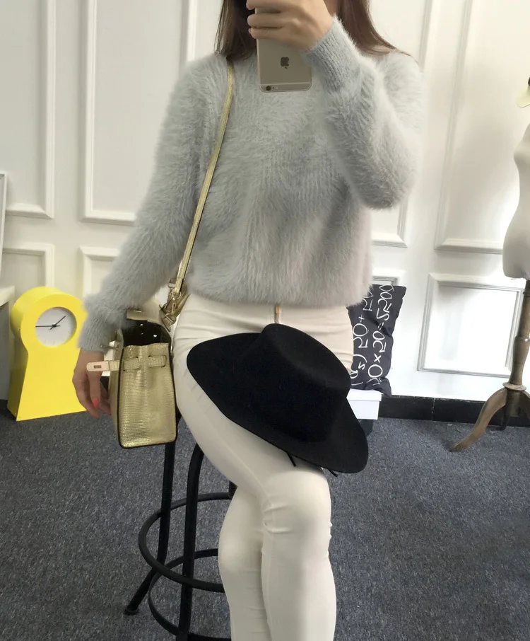 Женский мохеровый свитер повседневный однотонный пуловер-водолазка с длинным