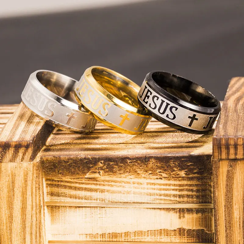 

High Quality Large Size 8mm Titanium Steel Gold Color Jesus Cross Letter Bible Wedding Band Ring Men Women Wedding Jewelry