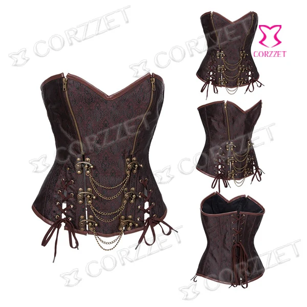 Female Latex Waist Traininng Brown Vintage Ring Buckle&Zipper Steel Boned Steampunk Corset Top Women Gothic Corsets And Bustiers