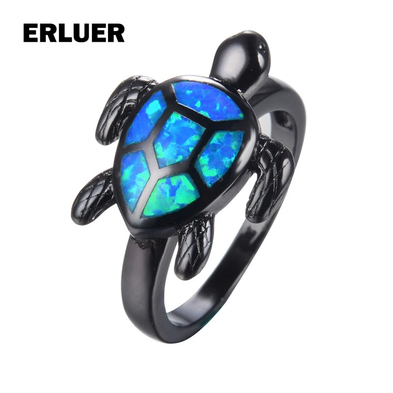 ЭРЛУЭР Винтажная черепаха Черная покрытая пистолетом Синий огненный опал Кольца женщин Мужчины Свадебные украшения Багу фем Коктейльное Кольцо на пальце.
