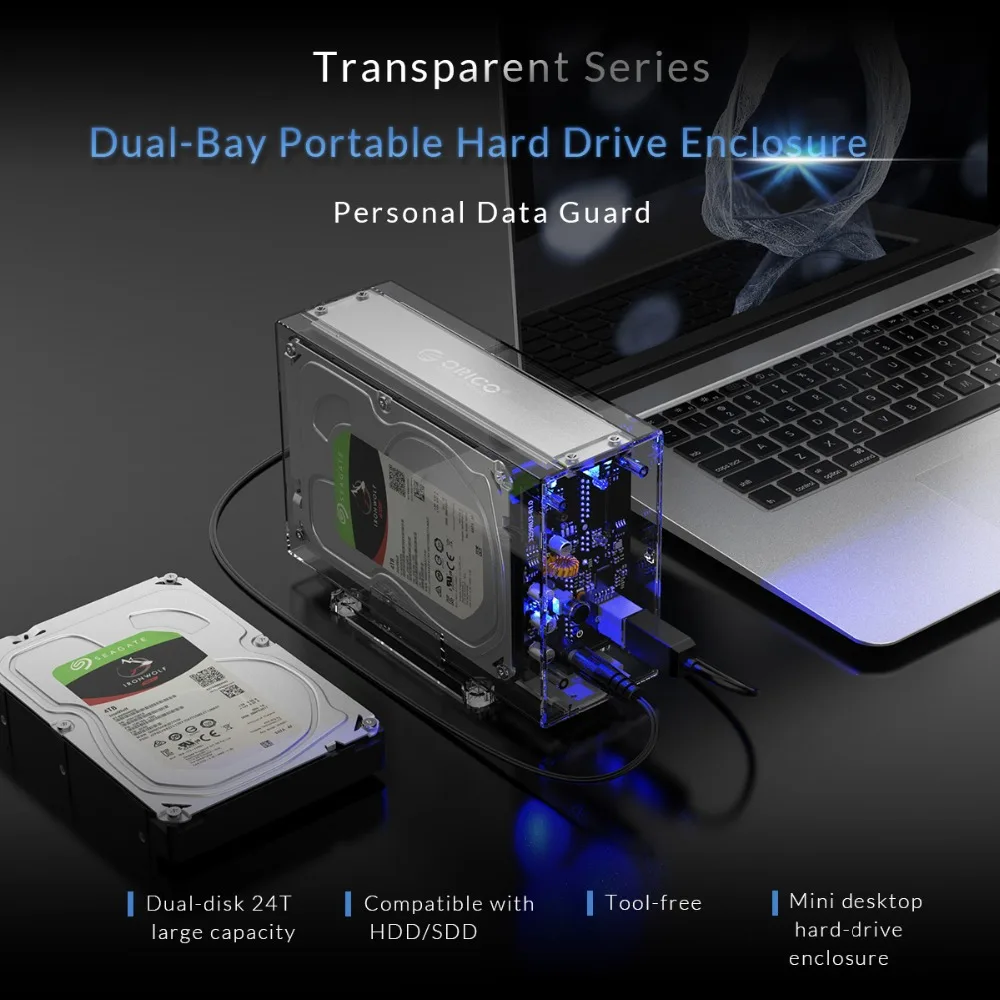ORICO Dual 3,5 ''USB3.0 HDD чехол 6 Гбит/с SATA к USB 3 прозрачный с алюминиевым HDD док-станция UASP 24 ТБ добавить 12 В адаптер питания