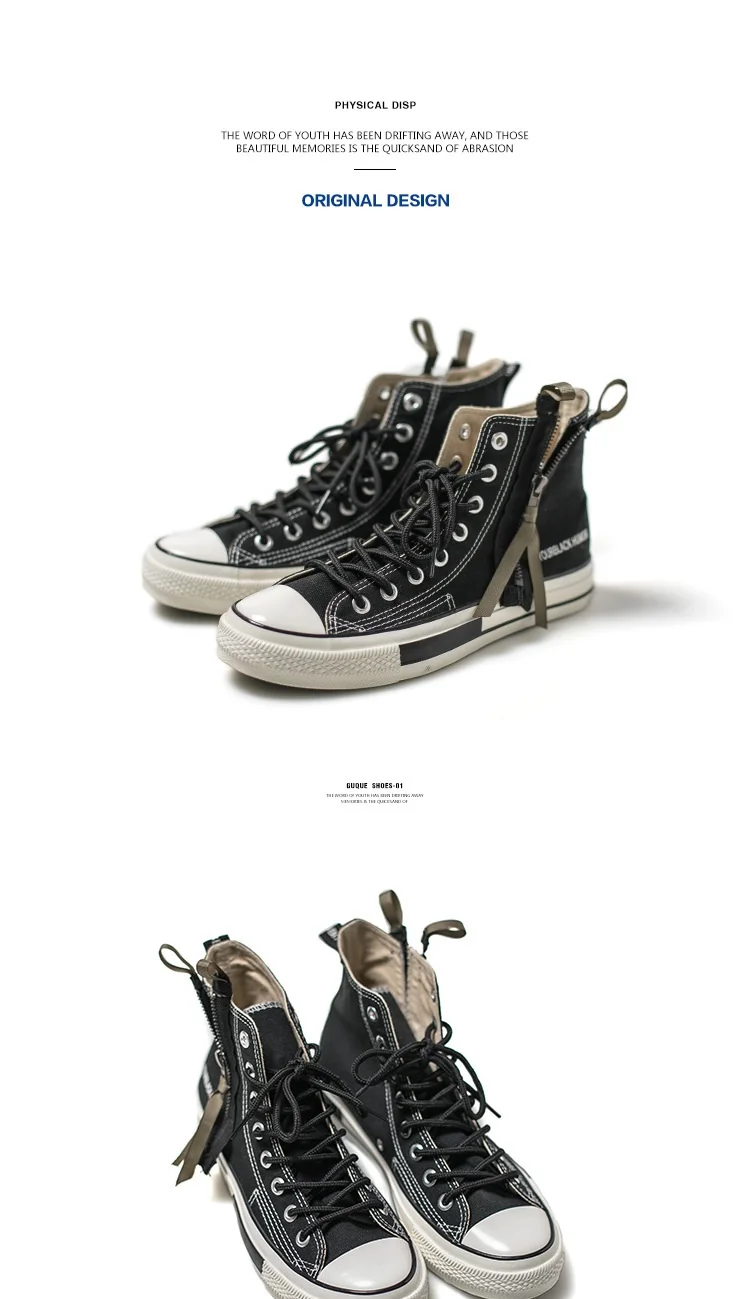 Men High Top Canvas Shoes Lace-up Sneakers Unisex Casual Shoes with Side Zipper Classic Retro Style Black High Quality Female
