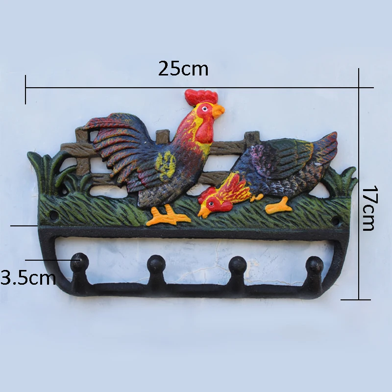 

European Vintage Hand Painted Color Rooster and Hen Design Cast Iron Wall Hook with 4 Hangings