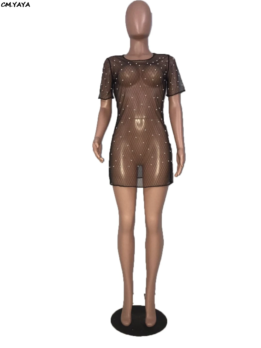 Женское Сетчатое платье с жемчугом прозрачное облегающее коротким рукавом