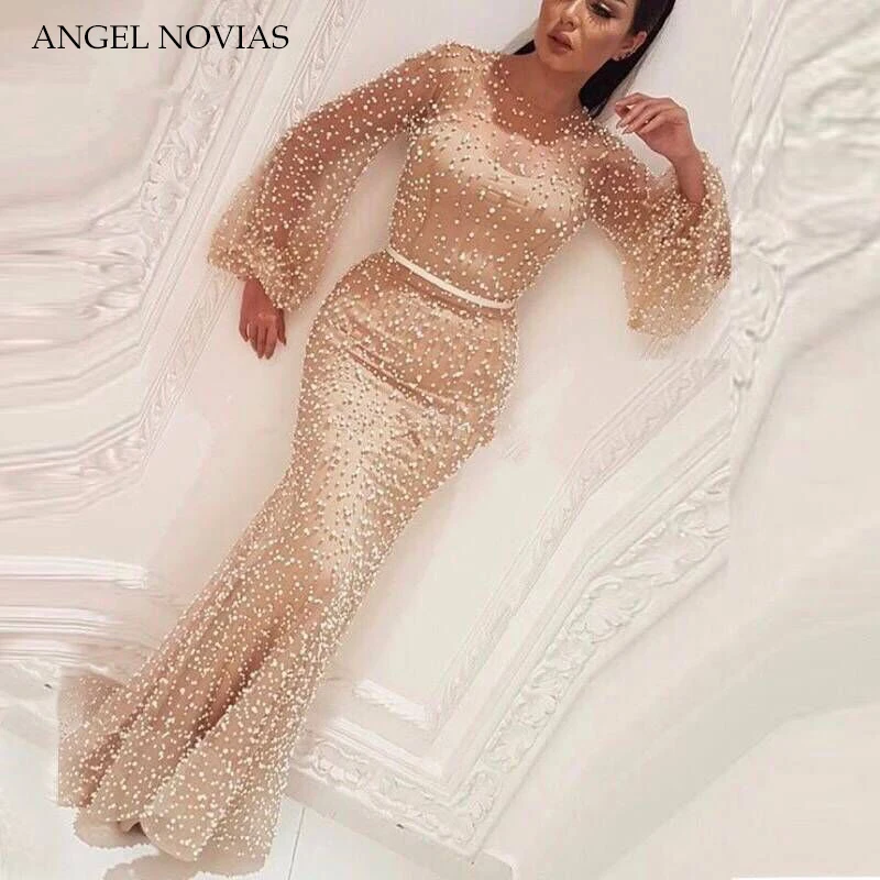 

Elegant Champagne Mermaid Long Sleeves Evening 2020 Pearls Beads Saudi Arabia Moroccan Sexy Formal Prom Party Gowns