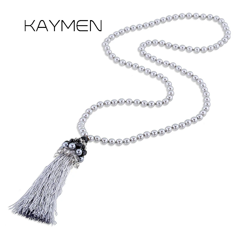 

KAYMEN Imitation Pearls Strands Handmade Tassels Long Necklace for Girls Bohemia Crystals Beaded Pendant Jewelry Women Gifts