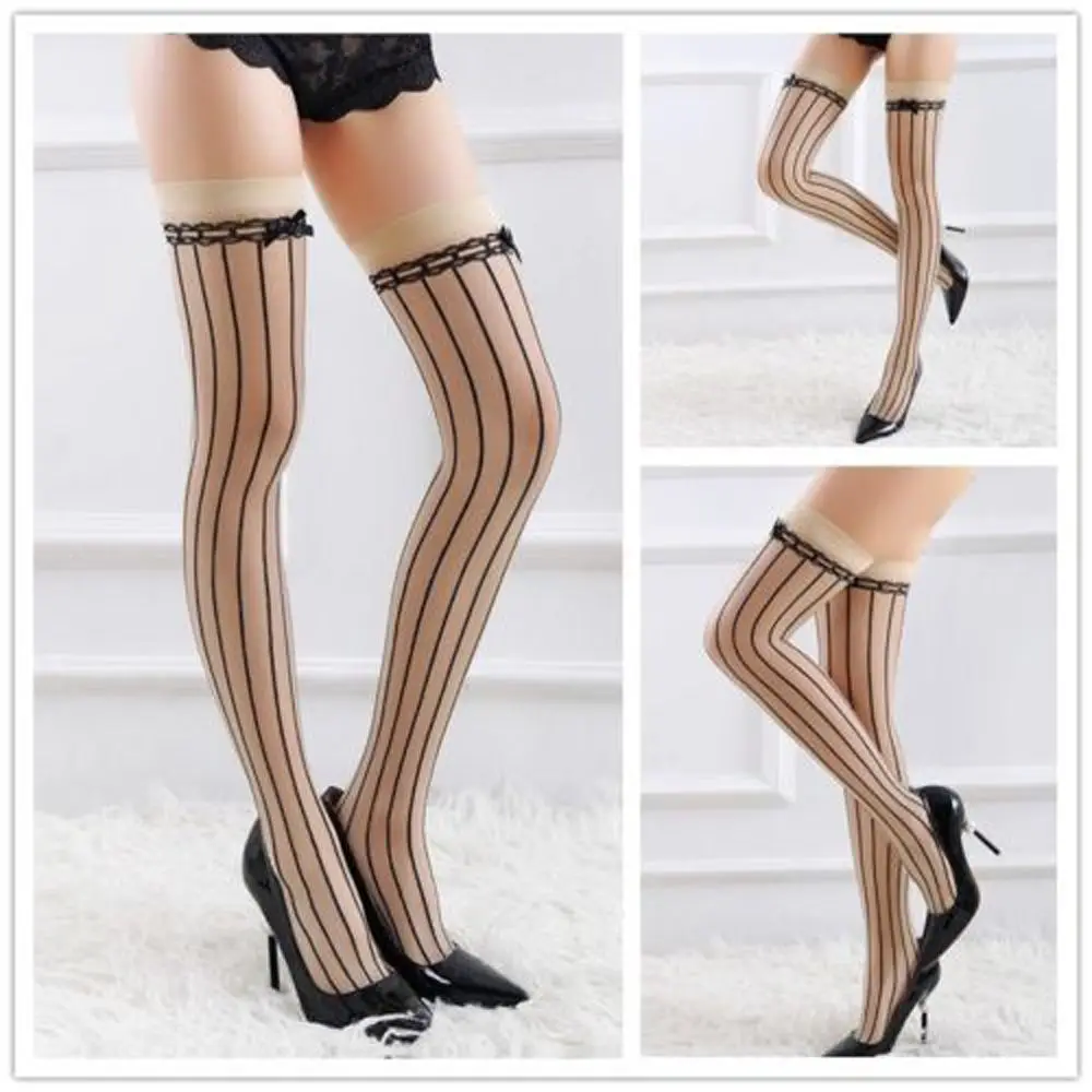 Новое поступление сексуальные чулки с кружевным бантом полосатые выше колена