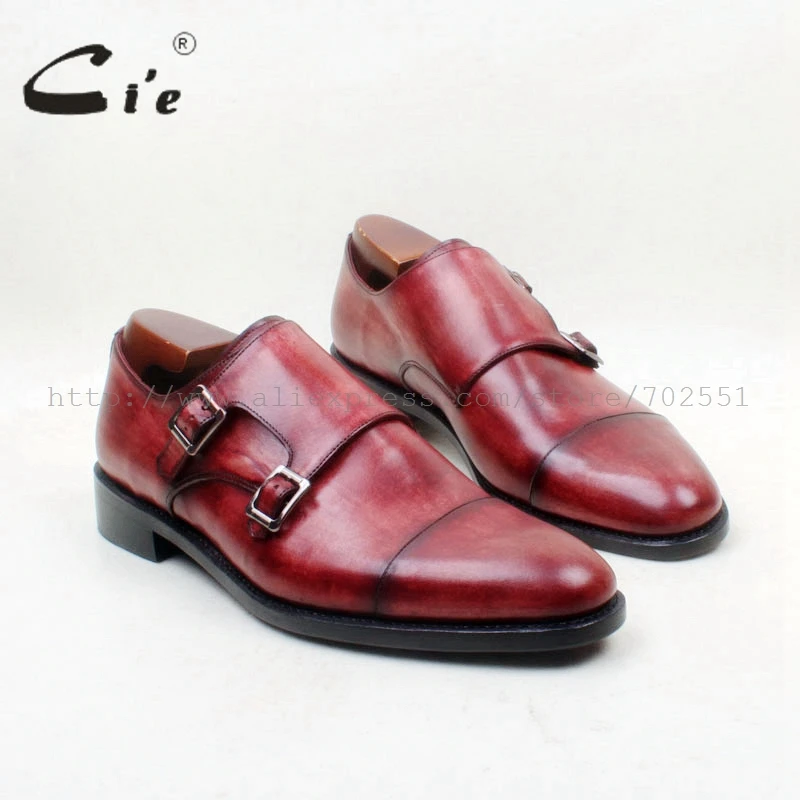 

cie Round Toe Bespoke Handmade Cap Toe Hand-painted Double Monk Straps100%Genuine Calf Leather Outsole Men Shoe Red Brown MS149