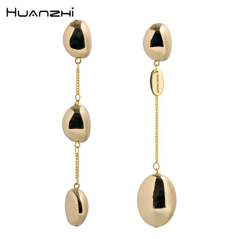 HUANZHI 2019 New Design Silver Korean Elegant Asymmetry Gold Metal Ball Long Drop Type Earrings for Women Party Gifts | Украшения и