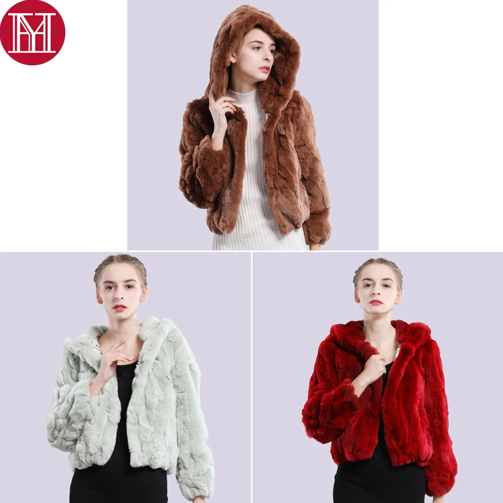 Короткие Новый стиль реального из натурального кроличьего меха с капюшоном